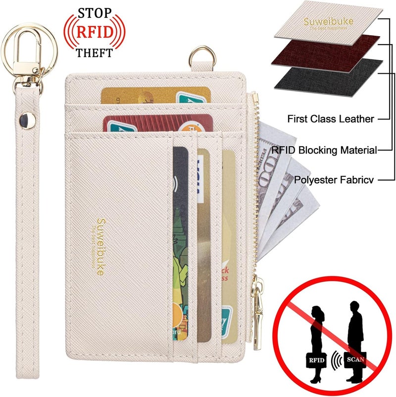 Wikavanli Women Slim Rfid Blocking Credit Card Case Holder Wristlet Zip ID Case Wallet Small Compact Leather Wallet Coin Purse with Keychain (Beige) - Image 4